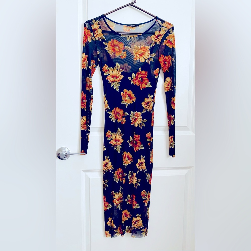 XXI Mesh long sleeve navy blue floral print dress